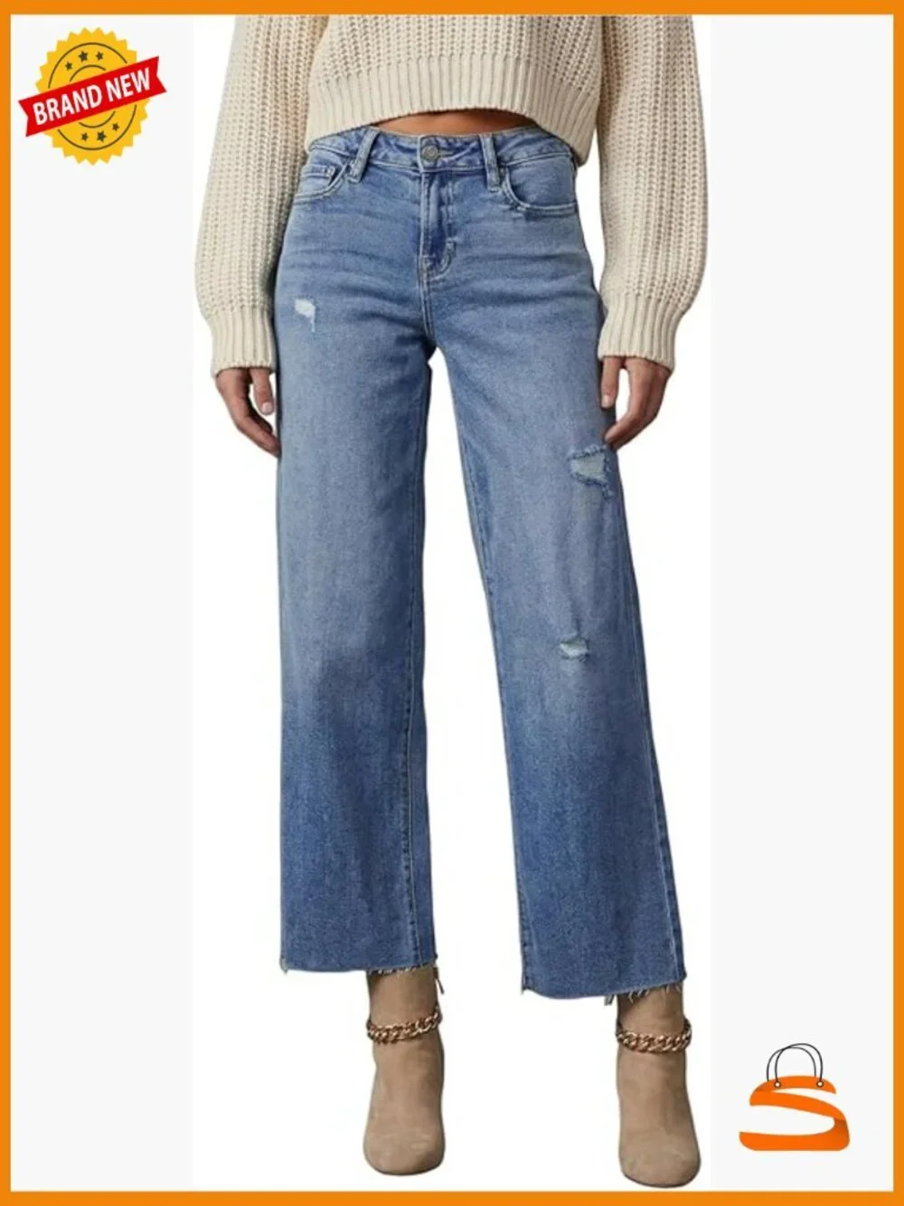 High Waist Baggy Wide Leg Jeans 8 Points Length Stretch Denim
